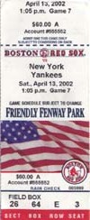 Red Sox ticket for April 13, 2002